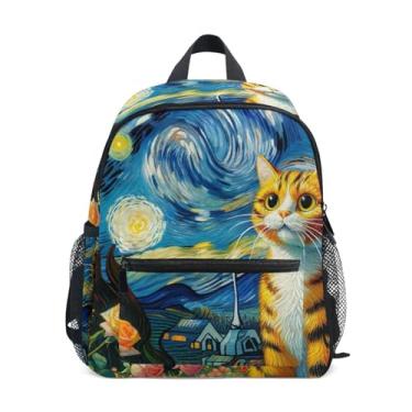 Imagem de Floral Cute Cat Starry Night Simple Modern Toddler Backpack 10x4x12 In, Little Boys Backpack with Water Bottle Pockets, Whistle Buckle