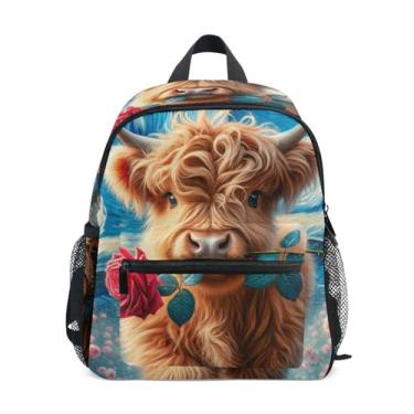Imagem de GAIGEO Starry Night Highland Cow Rose Backpacks for Kids Girl Toddler Backpack with Front Pocket, Safety Whistle for Ages 3-8
