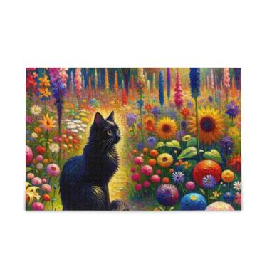 Imagem de Quebra-cabeça de jardim de flores de gato preto fofo 500 peças resistente 2 mm peças engraçadas para adultos