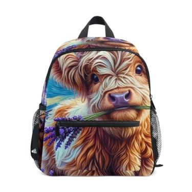 Imagem de GAIGEO Lavender Highland Cow Cattle Small Kids Backpack with Whistle, 2 Bottle Pockets, Lightweight, Kindergarten Backpack 10x4x12 In, for Ages 3-8
