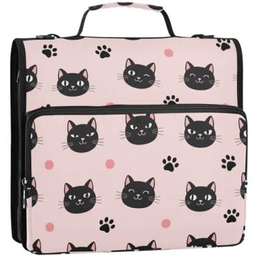 Imagem de Fichário fofo de gato preto rosa com 3 anéis de 3,8 cm D organizador de fichário com zíper bolsa escolar com alça de ombro para documentos, vários bolsos, pasta grande para portfólio, 34,5 x 31,5 x 9