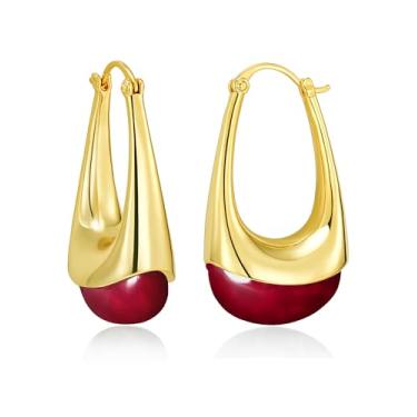 Imagem de SNGIA Brincos femininos longos ovais grossos banhados a ouro 18 K com pedras preciosas de resina colorida da SNGIA, (verde, marrom, azul, rosa, branco, creme), joias boêmias irregulares exageradas