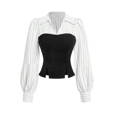 Imagem de Camisa Feminina Listrada Com Lapela Elegante Para Uso Casual De Negóci