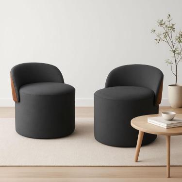 Imagem de Kit 2 Puff Curvo Com Encosto Redondo Orgânico Sala Confortável Resistente Composé Suede Corino Suede Cinza Chumbo