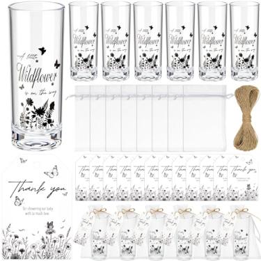 Imagem de Sliner 50 conjuntos de copos de chá de bebê para presente a granel para convidados incluem copos de shot de acrílico Little Wildflower de 62,5 g e bolsa de organza de cartão para artigos de festa de