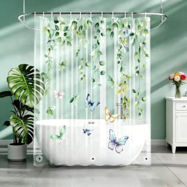 Imagem de CAPQL Forro de cortina de chuveiro de borboleta com folhas de eucalipto, cortinas de chuveiro de plástico transparente para banheiro, conjunto de cortina de chuveiro magnética ponderada 182 x 182 com