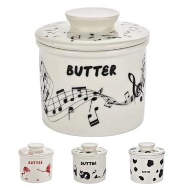 Imagem de Prato de manteiga com design Music Note para balcão – Manteiga de cerâmica estilo francês com tampa, suporte de manteiga para armazenamento de bancada, recipiente hermético para manteiga macia e