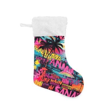 Imagem de ATTX Meias de Natal de palmeiras tropicais, suportes de presente brancos de pelúcia para decorações de festas de fim de ano (17,7 polegadas, pacote com 2) #177