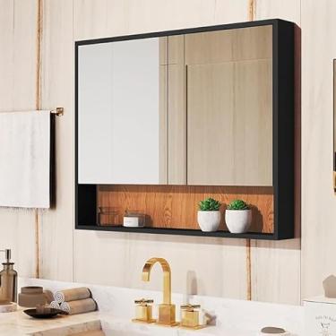 Imagem de Armário Espelheira Eros De Banheiro com Prateleiras internas duas Portas Organizadora-Quarteto Móveis (PRETO/NATURE)