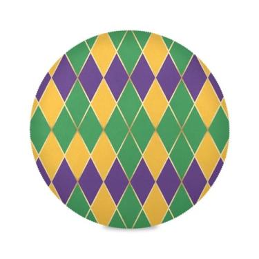 Imagem de Wassud Jogo americano Mardi Gras Tapete de mesa redondo com padrão de diamante para cozinha e jantar, tapetes laváveis e resistentes ao calor, decoração de mesa 39 cm