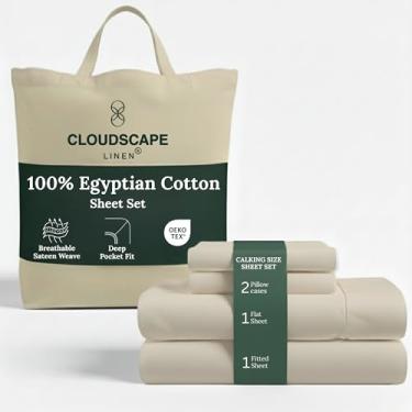 Imagem de Jogo de cama King California King de algodão egípcio de camada dupla Cloud Scape Linen – Conjunto de cama macio de qualidade hoteleira de 4 peças, bolsos profundos de até 43 cm, marfim