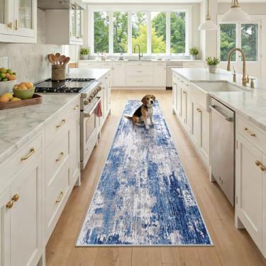 Imagem de RELEANY Tapetes laváveis 5 x 23 cm, modernos, abstratos, macios para sala de estar, entrada, quarto, berçário, padrão estampado, azul, cinza, azul marinho e cinza