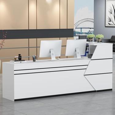 Imagem de Mesa de recepção moderna em forma de L com gaveta bloqueável, prateleira aberta e bandeja de teclado - balcão frontal para salão, saguão, caixa, escritório - 120 cm, preto