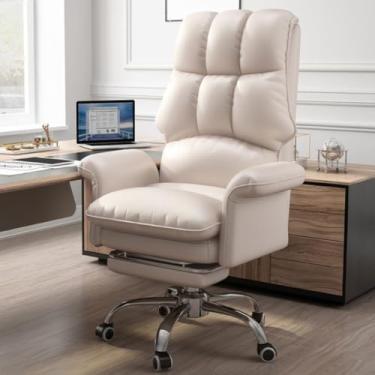 Imagem de Cadeira de escritório em casa ergonômica, cadeiras de trabalho com rodas, cadeira de mesa de computador de couro PU, cadeira executiva com altura ajustável giratória para adultos (bege, com apoio de