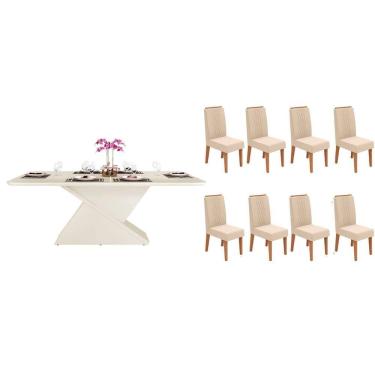 Imagem de Conjunto: Mesa Sala Jantar Zafira c/ Tampo Madeirado c/ Vidro Curvo 200x100cm e 8 Cadeiras Lia Off White - Freijo/Linho Neve - DJ Móveis