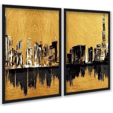 Imagem de Kit 2 Quadros Arte Cidades Preto Com Dourado 24X18Cm - Vidro