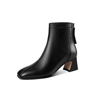 Imagem de TinaCus Bota feminina feita à mão de couro genuíno com zíper nas costas, bico quadrado, salto grosso, cano curto, Preto, 38
