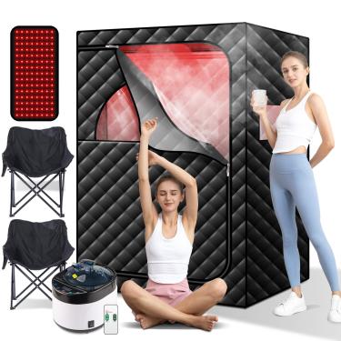 Imagem de amocane Sauna a vapor infravermelho portátil com terapia de luz vermelha de 660 nm, barraca de saunas infravermelhas para 2 pessoas com vaporizador de 4L, 2 cadeiras dobráveis grandes, spa doméstico