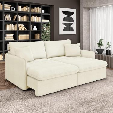 Imagem de Sofá Reclinável e Retrátil Gandalf Bipartido 214cm Caixa Zero com Almofadas Bouclê Off White G33 - Gran Belo