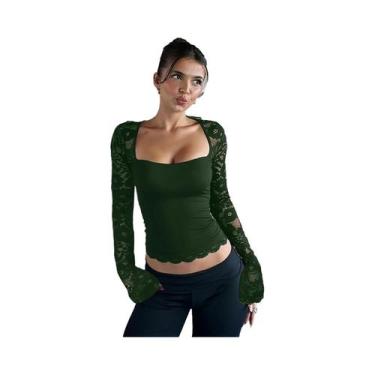 Imagem de Camiseta Cropped Feminina De Manga Longa Com Gola Quadrada, Renda E Es