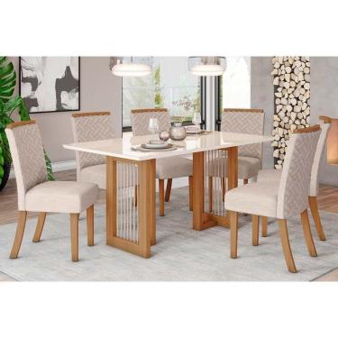 Imagem de Conjunto Mesa De Cozinha Yara Com Tampo Madeirado Com Vidro Reto 160x90cm E 6 Cadeiras Malu Nature Linho Henn