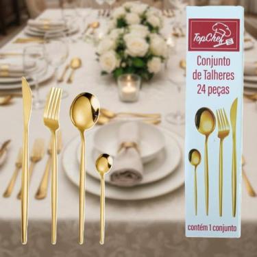Imagem de Conjunto Talheres Dourados 24 Peças Luxo Mesa Posta Elegante - TOP RIO