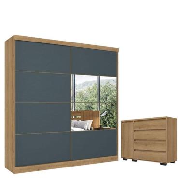 Imagem de Guarda Roupa Casal Malaga Glass 2 Portas Capuccino Azul Acetinado e Cômoda com Porta Aurora Capuccino - THB