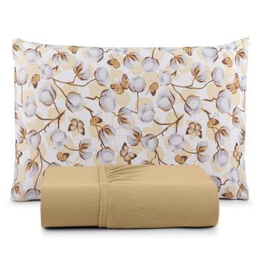 Imagem de Jogo de Lençol Casal Queen 3 Peças 100% Algodão em Malha com Elástico e Zíper Bege Estampa Floral