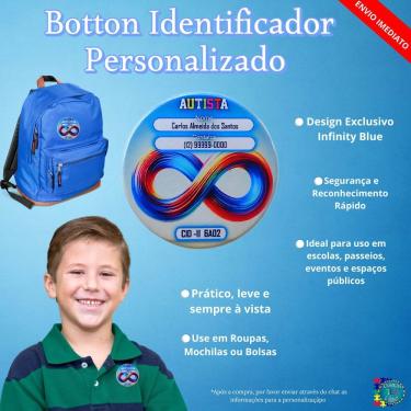 Imagem de Kit com 2 Bottons de Identificação Infinity Blue para Autistas e Pais para Preencher Você Mesmo Azul Coleção Tea e Amor