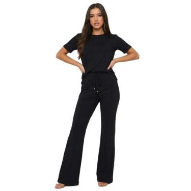 Imagem de Conjunto Feminino Blusa Manga Curta e Calça Pantalona Moletinho Liso -