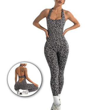 Imagem de Macacão Fitness Frente Fechada Costas Aberta Leopardo Cinza M441 - Fan