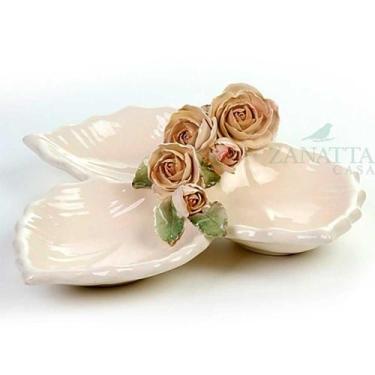 Imagem de Petisqueira Cerâmica Tripla Zanatta com Rosas Antigas 26x24x8cm - Zana