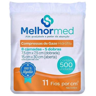 Imagem de Compressa de Gaze Não Estéril Melhormed 11 Fios para Curativos 7,5cm X 7,5cm Embalagem com 500 Unidades