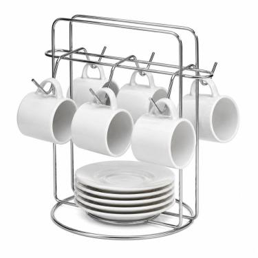 Imagem de Suporte Organizador para Xícaras e Pires Cromado Aramado 6 Xícaras 6 Pires Compacto para Cozinha Bancada Ou Armário