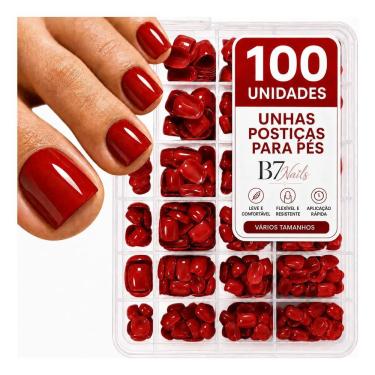 Imagem de Unhas Postiças 100 Unidades Vermelho Carmim Acabamento Natural com 10 Tamanhos Diferentes
