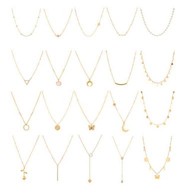 Imagem de Honsny 20 peças gargantilha banhada a ouro 14 K para mulheres, delicado ouro diamante moeda pérola pingente de corrente simples conjunto de colares bonitos em camadas de ouro para mulheres adolescentes meninas joias presentes, Cobre, Sem Pedra Preciosa