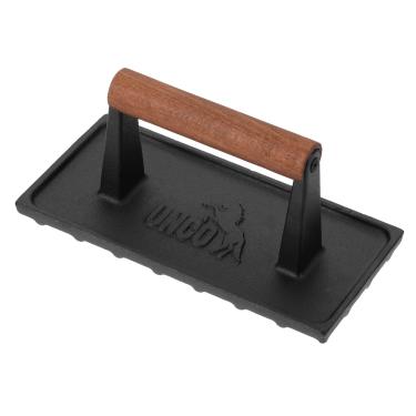 Imagem de UNCO - Prensa de ferro fundido, 20 x 10 cm, 1 kg, prensa de hambúrguer para grelha, sanduíche, prensa de bacon para grelha, prensa de grelha, ferro fundido com prensa de carne, prensa de hambúrguer para grelha
