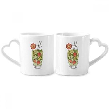 Imagem de Conjunto de canecas de porcelana de casal, estampa de suco de morango, suco, de frutas, coração