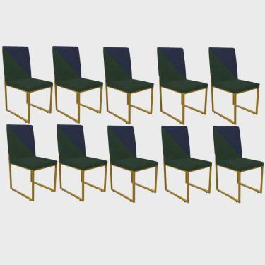 Imagem de Kit 10 Cadeira Office Stan Duo Sala de Jantar Industrial Ferro Dourado Suede Verde e Azul Marinho - Ahazzo Móveis