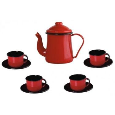 Imagem de Conjunto Para Café Bule 1L Xícaras 120ml Esmaltado Vermelho Ewel