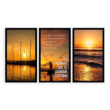 Imagem de Kit 3 Quadros Decorativos Grandes com MOLDURA Frases de Motivação Pôr do Sol Praia Mar Paisagem