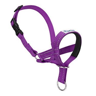 Imagem de Pawaboo Focinheira para cães, coleira de cabeça única para cães, nylon refletivo, ajustável, antimordida, controle de latidos, ajuste fácil, para cães puxando a cabeça, tamanho médio, roxo