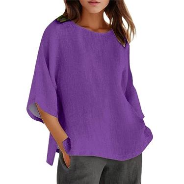 Imagem de Lainuyoah Blusas soltas da moda para mulheres 2024 blusa moderna estampada meia manga casual de linho pulôver camisetas modernas divididas, B - roxo, M