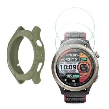 Imagem de HUADU Protetor de tela de relógio (3 + 1 pacote) compatível com Amazfit Cheetah Round/Cheetah Pro, filme de vidro temperado anti-riscos de alta definição cobertura total e capa protetora de TPU macio