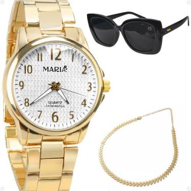 Imagem de Relogio Feminino Banhado Aço + Colar Escama + Oculos Sol - Orizom