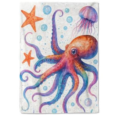 Imagem de coedoaes Cobertor de lã de polvo arco-íris, 127 x 152 cm, lindo cobertor de água-viva e estrela do mar, macio, aconchegante, leve, ideal para cama, sala de estar, casa, oceano, praia, decoração