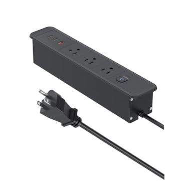 Imagem de YYSKA Filtro De Linha Embutido Com 3 Tomadas E Portas Usb, Porta Usb-C 65 W, Tomada Elétrica Oculta Para Mesa, Gaveta, Cabo Plugue Plano 1,8 M, Organizador Mesa Casa, Escritório Cozinha (Preto)