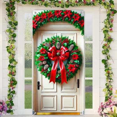 Imagem de BlissYard Capa de porta de Natal, guirlanda festiva, decoração de pinha, poinsétia, 89 x 188 cm, faixa de porta de férias, suporte para cabine de fotos, decoração de festa interna e externa, tecido de