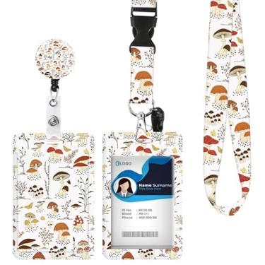 Imagem de Porta-crachá de identificação com cordão retrátil e chaveiro, carretel de crachá com clipe de mosquetão giratório, etiqueta de nome de borboleta de cogumelo de desenho animado para estudantes