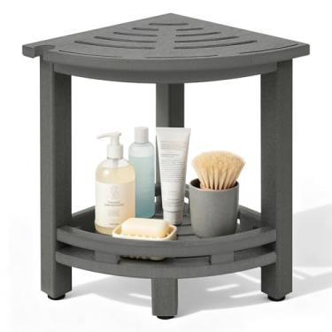 Imagem de Chormtok Banco de chuveiro de canto HDPE para barbear as pernas, banco de chuveiro à prova d'água com prateleira de armazenamento para banheiro, cinza